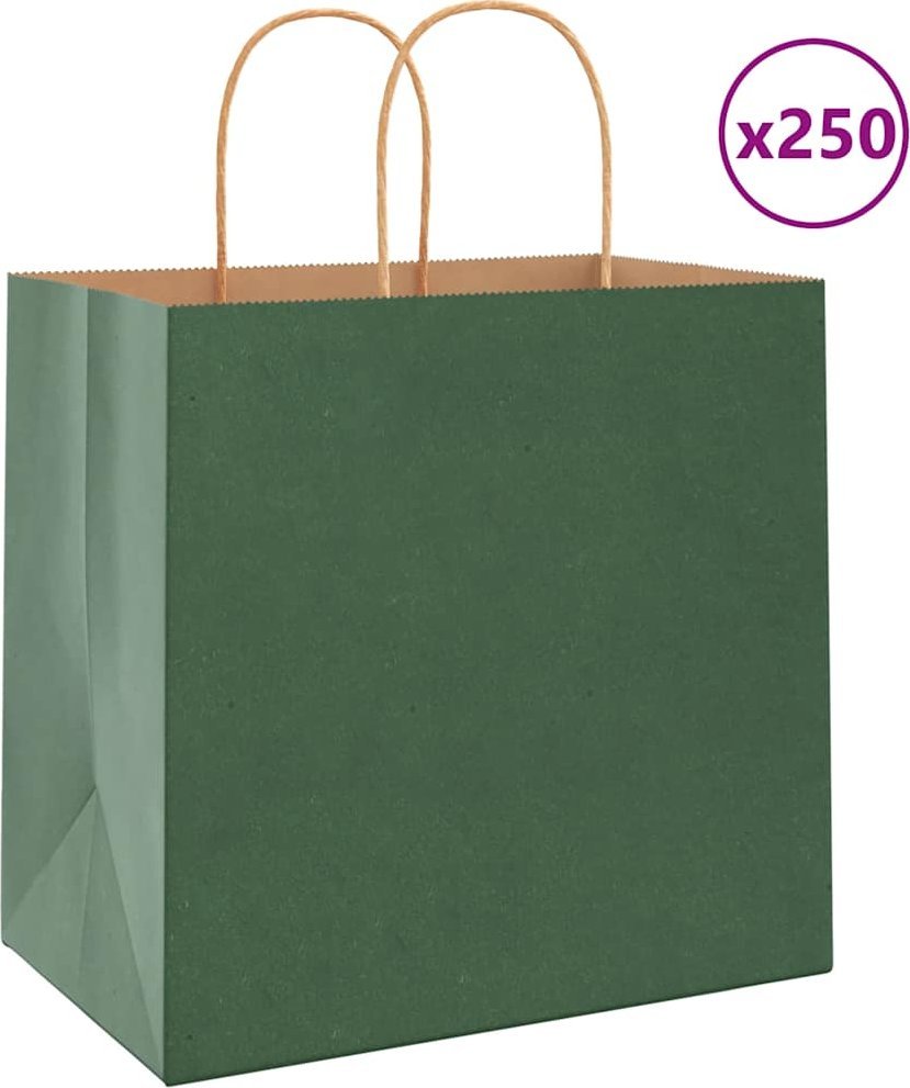 vidaXL Torby papierowe Kraft 250 szt. z uchwytami zielone 26x17x25 cm