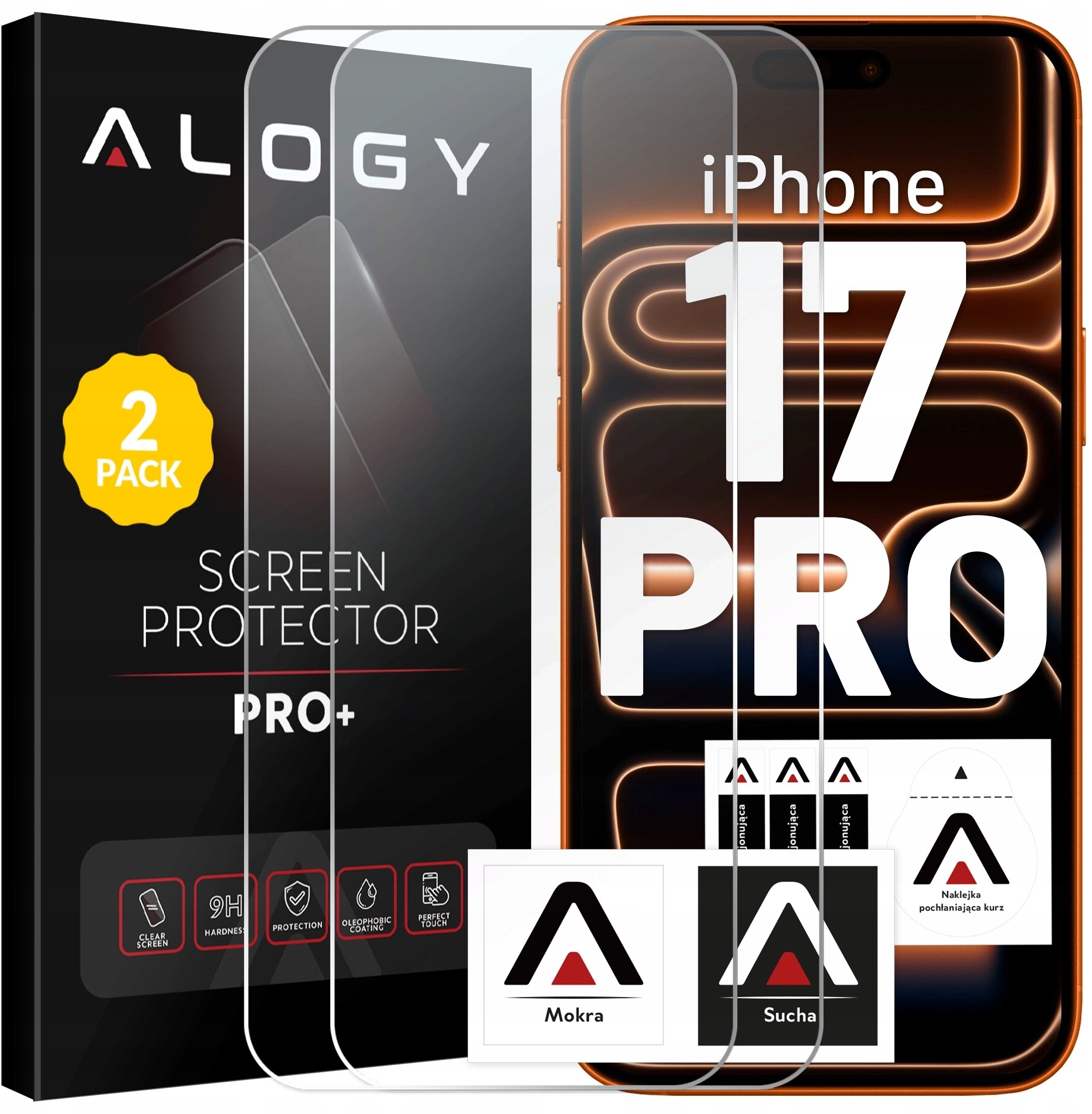 2x Szkło Hartowane Ochronne 9H do Apple iPhone 17 Pro, Wzmocnione i Odporne na Zarysowania, Łatwy Montaż Bez Bąbelków, Alogy Hea