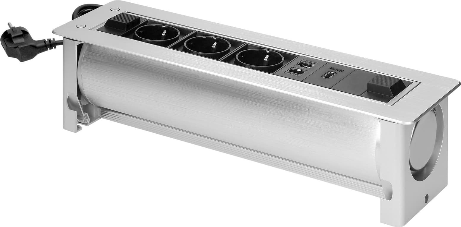 Orno Gniazdo meblowe wpuszczane w blat z płaskim frezowanym rantem oraz elektrycznym otwieraniem, 3x2P+Z (Schuko),2xNET,1xHDMI