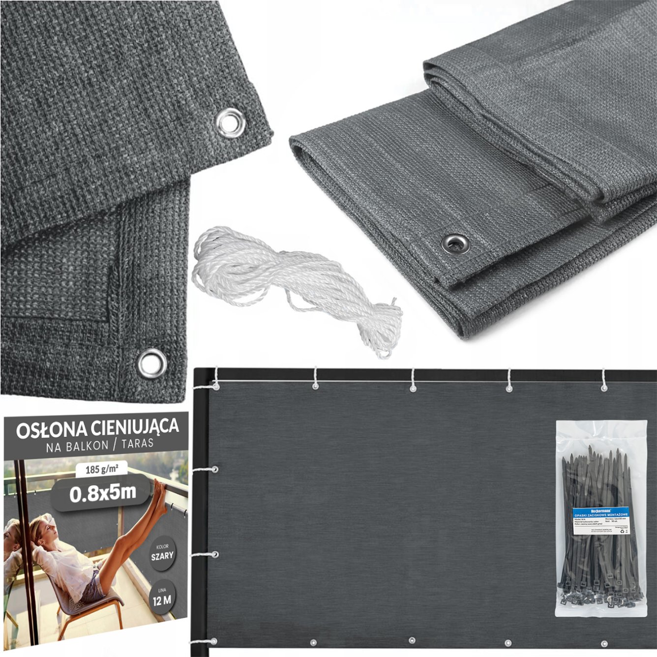 Zestaw Osłona balkonowa 0,8x5m Heckermann - Szara + Opaski zaciskowe 50szt - Szare