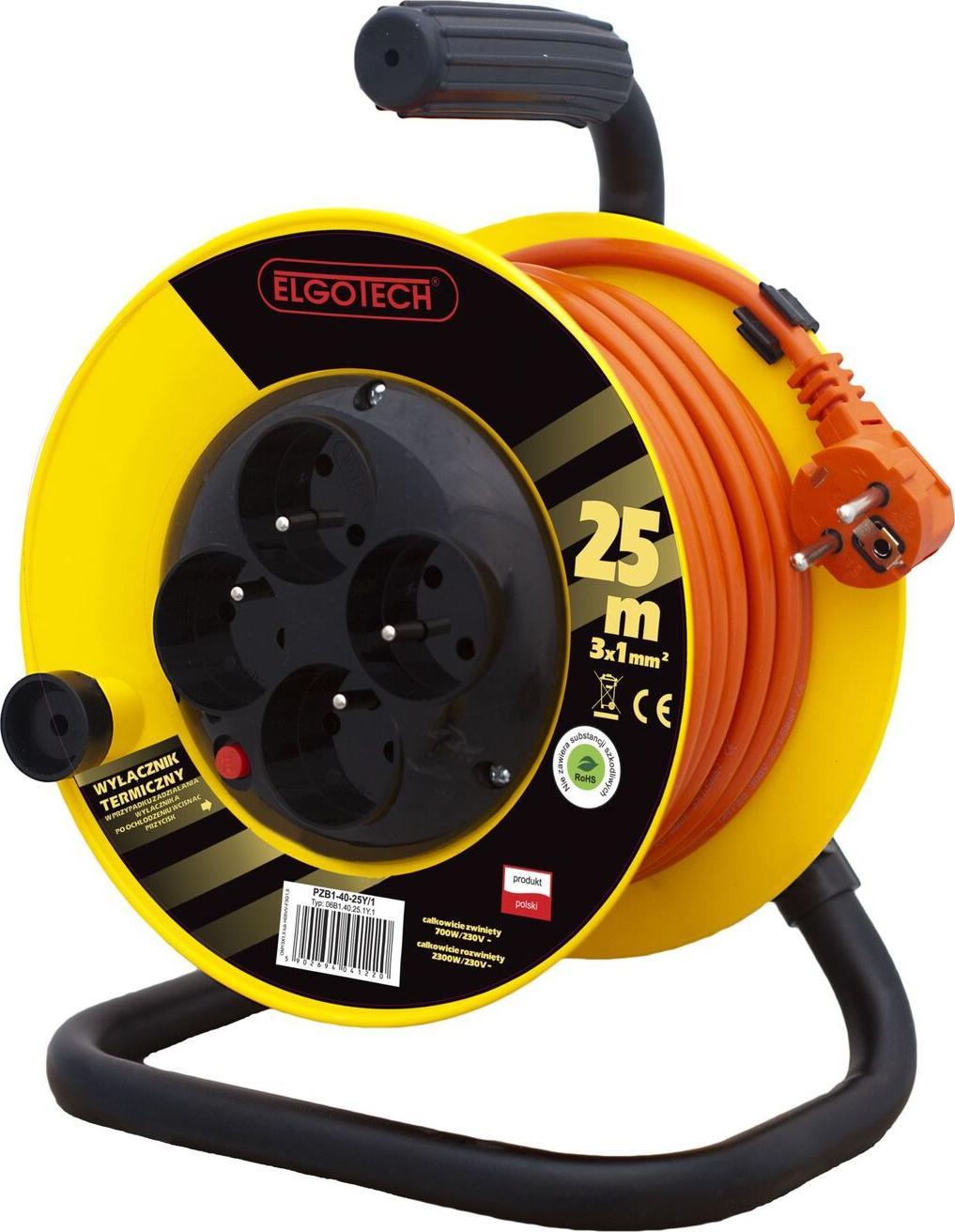 Elgotech Przedłużacz bębnowy 25m 4-gniazda z/u 4x2P+Z 3x1mm2 - PZB1-40-25Y/1
