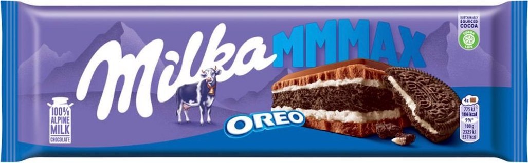 Milka Mmmax Oreo Herbatniki kakaowe i nadzienie mleczne o smaku waniliowym 300 g