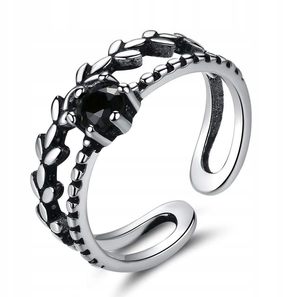 Srebrny DAMSKI PIERŚCIONEK REGULOWANY Uniwersalny PREZENT Czarna CYRKONIA