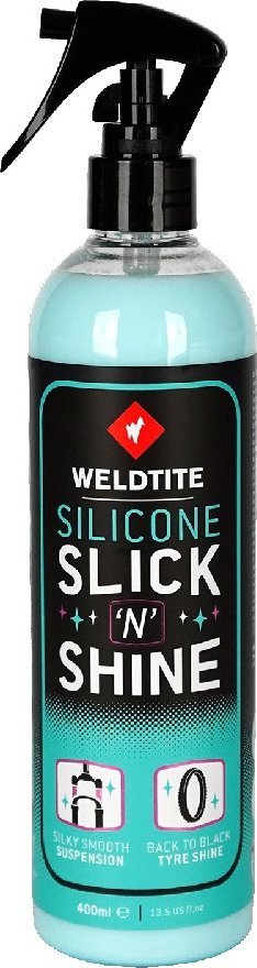 Weldtite Nabłyszczacz ochronny WELDTITE SILICONE SLICK 'N' SHINE 400 ml, Do opon, goleni amortyzatorów i amortyzowanych sztyc (NEW 2025)