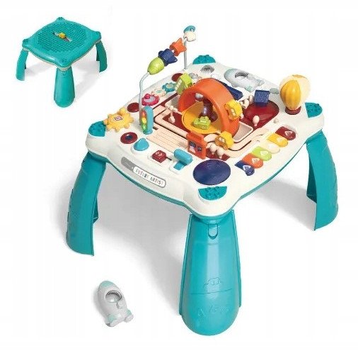 STOLIK EDUKACYJNY INTERAKTYWNY 2W1 POJAZDY RAKIETA PIANINKO BLAT DO KLOCKÓW NIEBIESKI