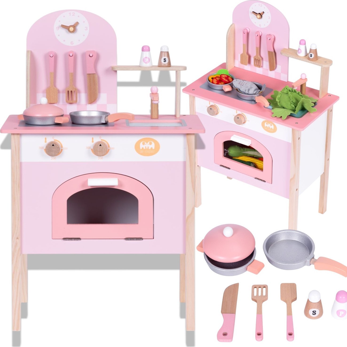 Drewniana rożowa kuchnia + akcesoria