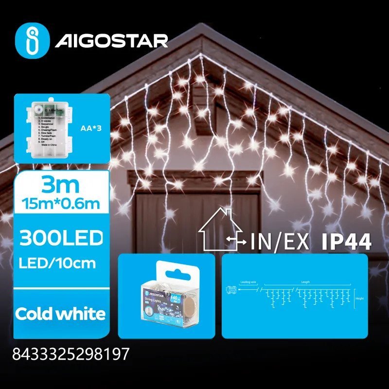 Lampki choinkowe Aigostar Lampki choinkowe sople fala na 3 baterie AA, Zimna biel, 3m Płaska taśma świetlna sople fala na 3 baterie AA, Zimna biel,