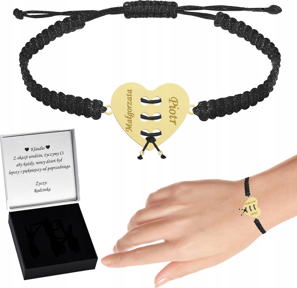 Radziszewska Jewellery Bransoletka Złota Serce Wiązane Sznurek 925 Prezent na Dzień Matki GRAWER