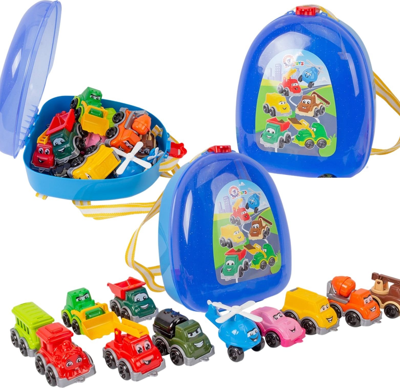 Zestaw Samochodów Środków Transportu Autka Pociąg Helikopter Laweta Plecak