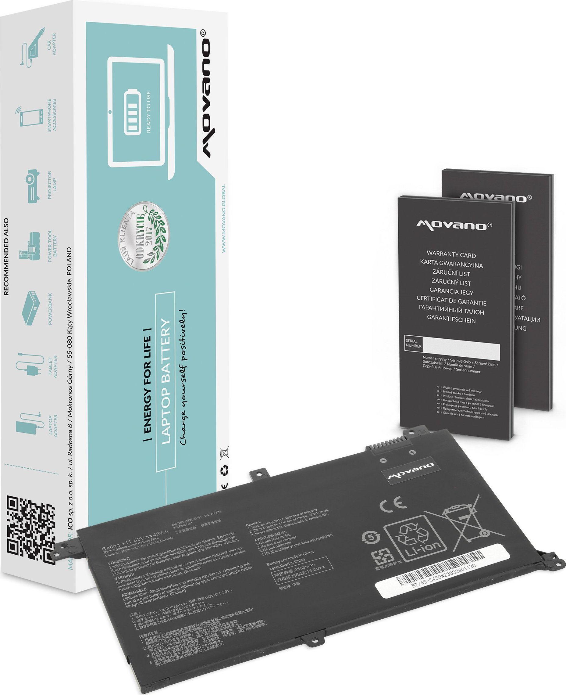 Bateria Movano Bateria B31N1732 do Asus Vivobook S430 X430U K430