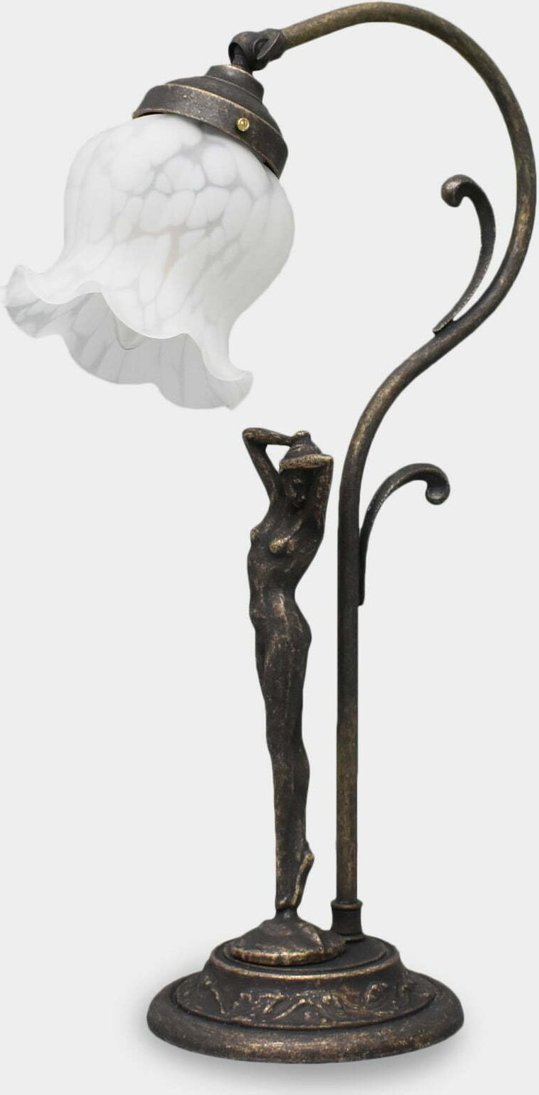 Lampa stołowa rzezbyzbrazu Lampa Art Deco z Figurą Kobiety i Dzwonkiem