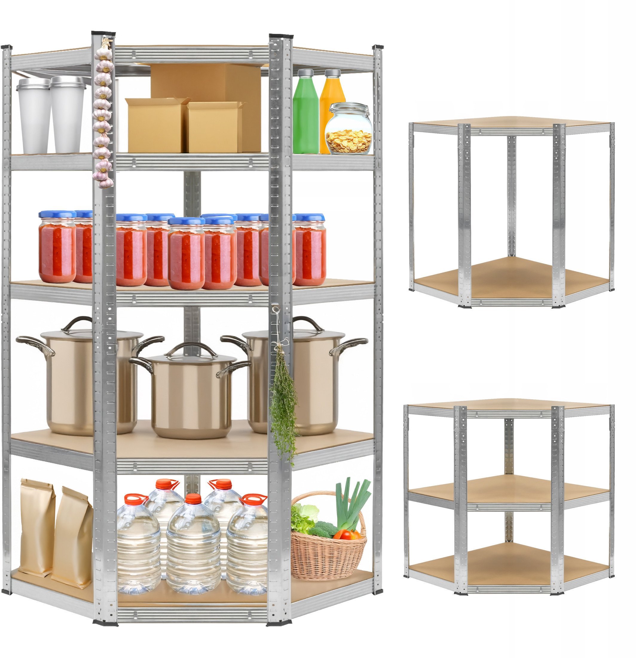 Regał magazynowy narożny metalowy srebrny 5 półek 2w1 180x90x90x40 cm