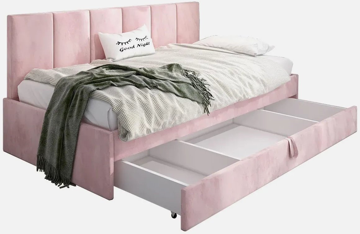 Łóżko młodzieżowe SORA 2 90x200 różowe z tapicerowanym panelem i szufladą MKPOL