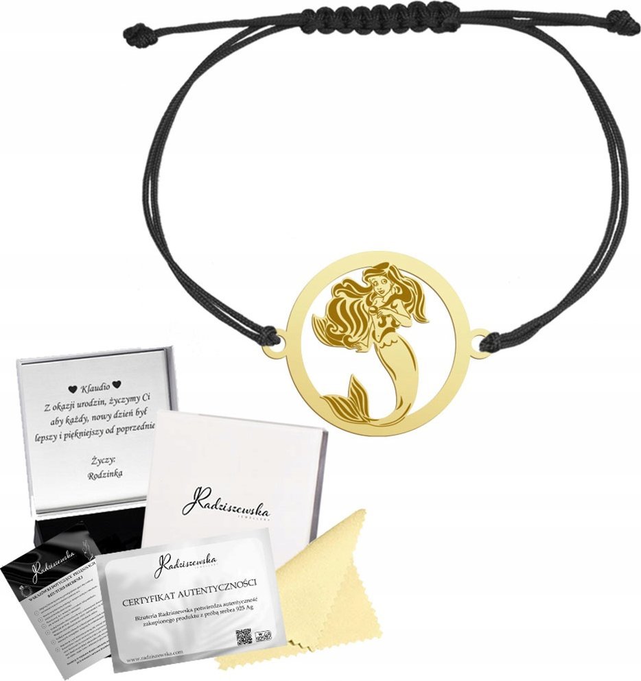 Radziszewska Jewellery Bransoletka Złota z Syreną Sznurek SREBRO 925 Prezent DEDYKACJA GRATIS