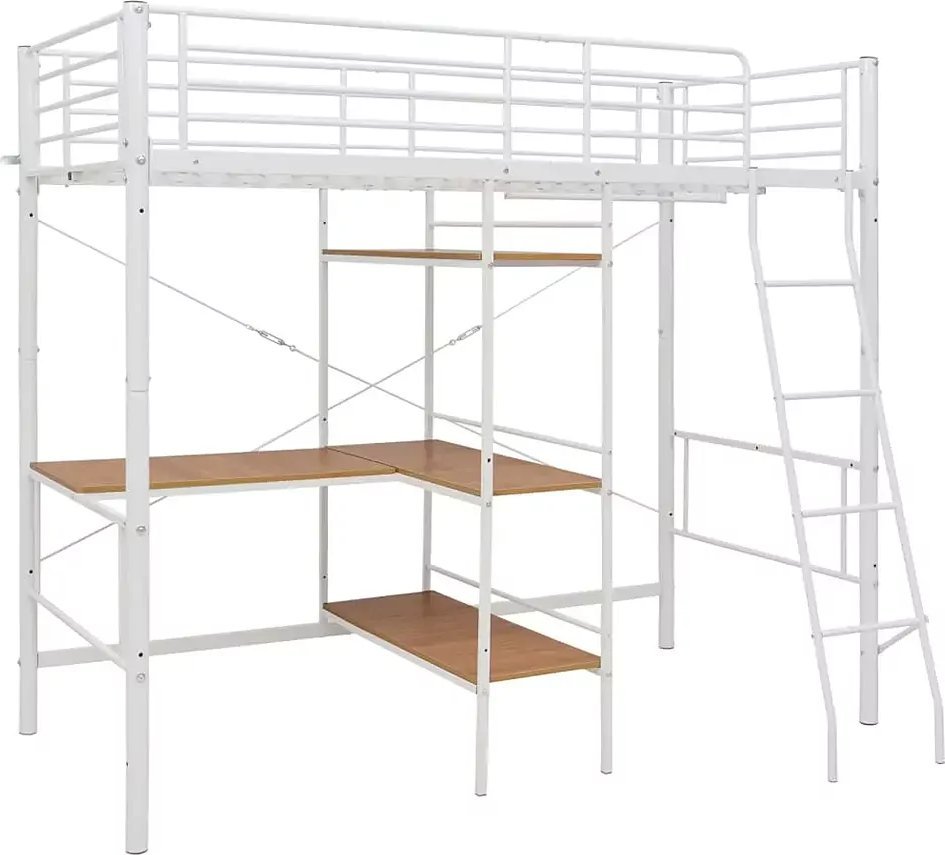 Elior Białe metalowe łóżko z biurkiem i regałem 90x200 cm - Emarox