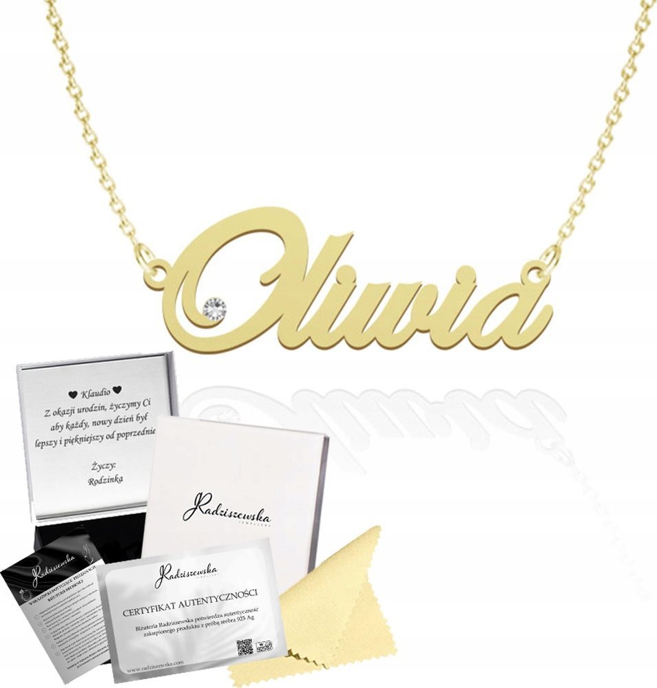 Radziszewska Jewellery Złoty Naszyjnik z imieniem Oliwia SREBRO 925 Łańcuszek ŻYCZENIA GRATIS