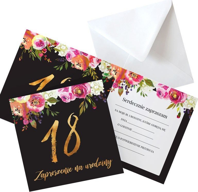 ZAPROSZENIA na 18 Boho eleganckie z kwiatami 10szt (+koperty)