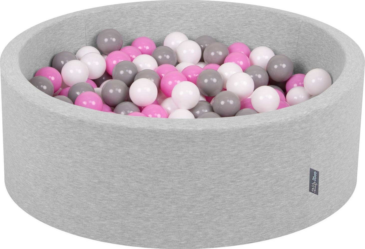KiddyMoon KiddyMoon Suchy basen okrągły z piłeczkami 7cm jasnoszary: szary-biały-róż 90x30cm/300piłek Zabawka basen piankowy
