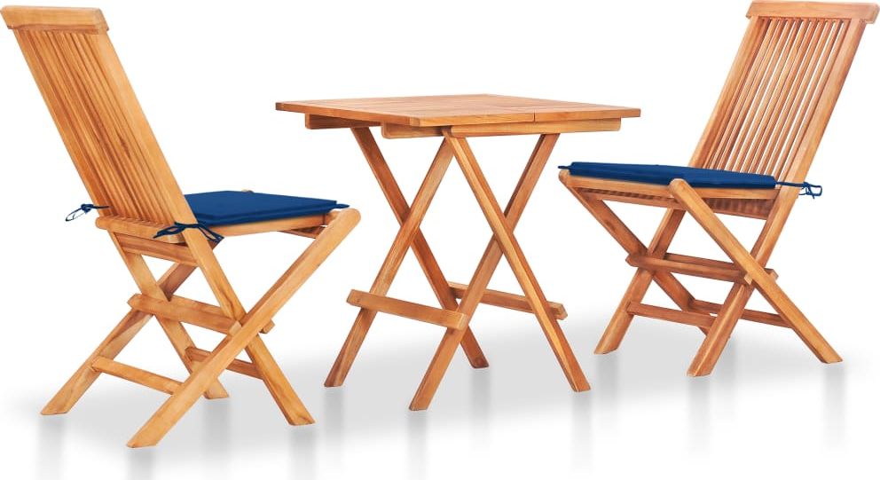 vidaXL Zestaw mebli bistro, niebieskie poduszki, drewno tekowe 3-cz.