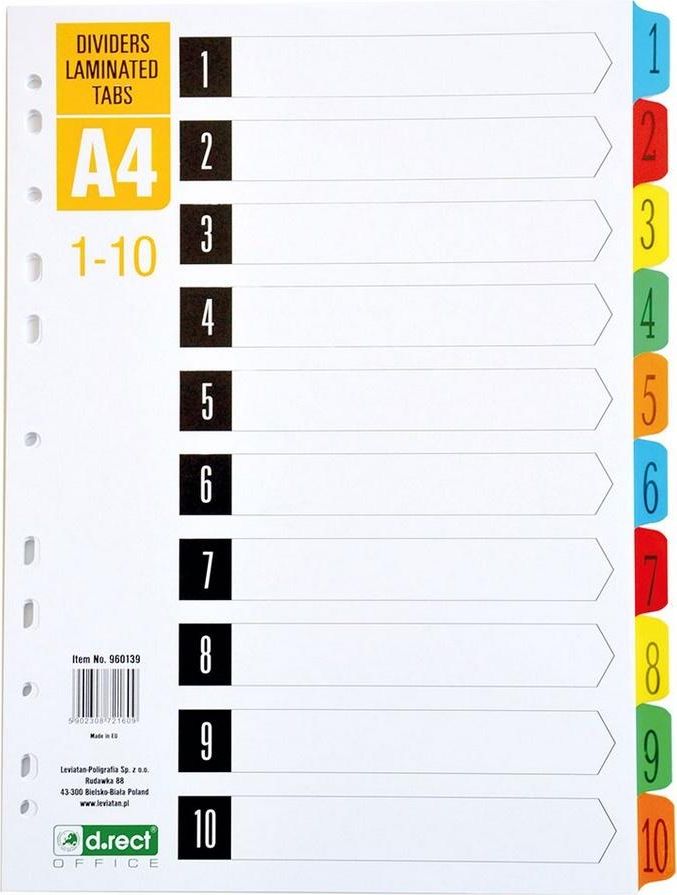 D.Rect Przekładki kartonowe A4 1-10 index laminowany