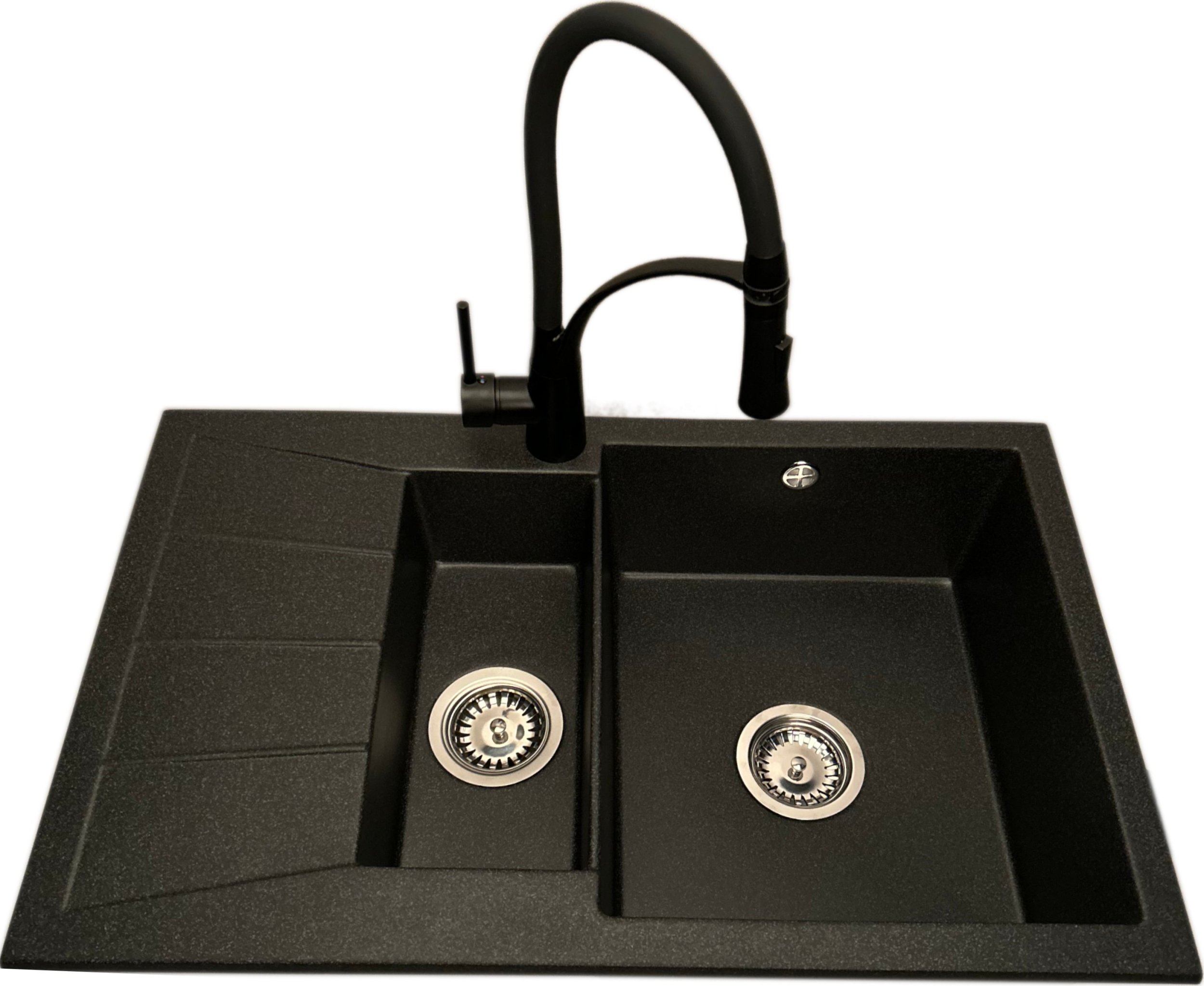 Zlewozmywak PREHNIT Zlewozmywak 1,5 komorowy z ociekaczem MILOS grafit z lewym ociekaczem + bateria NEXO