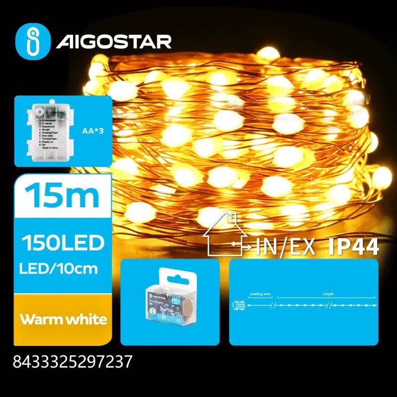 Lampki choinkowe Aigostar Lampki choinkowe 150 led na 3 baterie AA Ciepła biel15m Lampki choinkowe 150 led na 3 baterie AA Ciepła biel15m