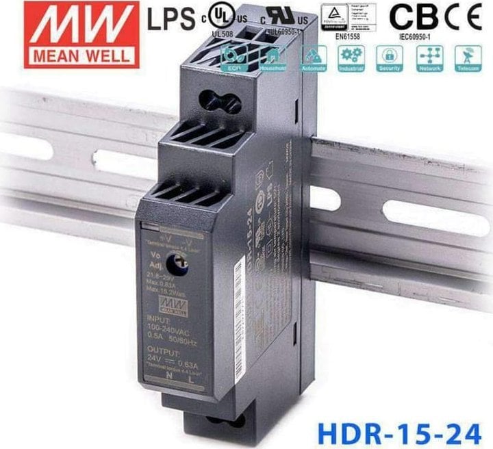 Mean Well Zasilacz impulsowy 230VAC/24VDC 15W DIN HDR-15-24