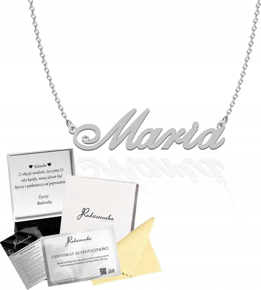 Radziszewska Jewellery Naszyjnik Srebrny z imieniem MARIA Łańcuszek Kryształ 925 Prezent TABLICZKA