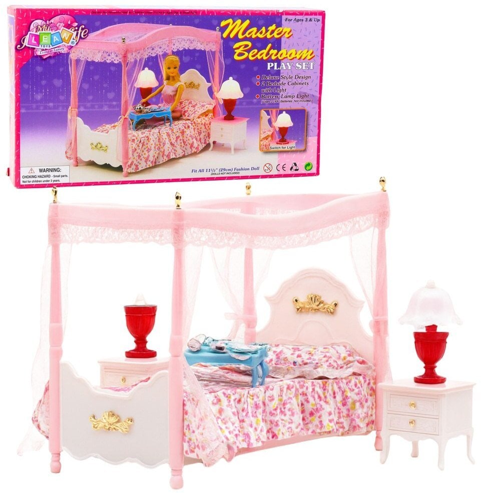 Zestaw Meble Dla Lalek Łóżko z Baldachimem Szafki Nocne Lampki