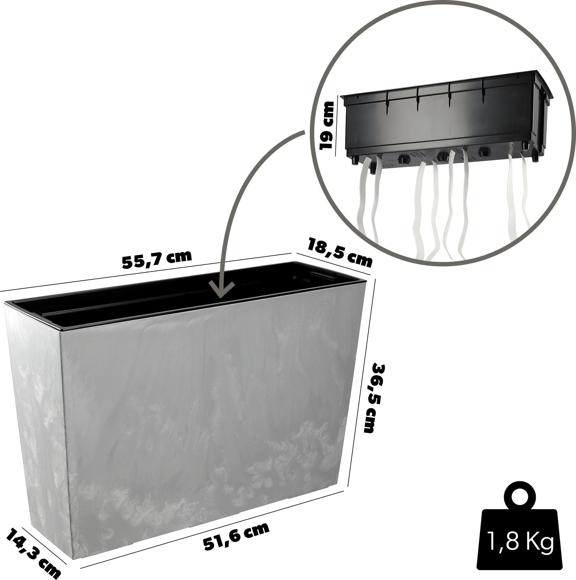 KADAX Doniczka Donica Na Kwiaty Kwietnik Wysoka + Wkład 19x56cm szary Beton