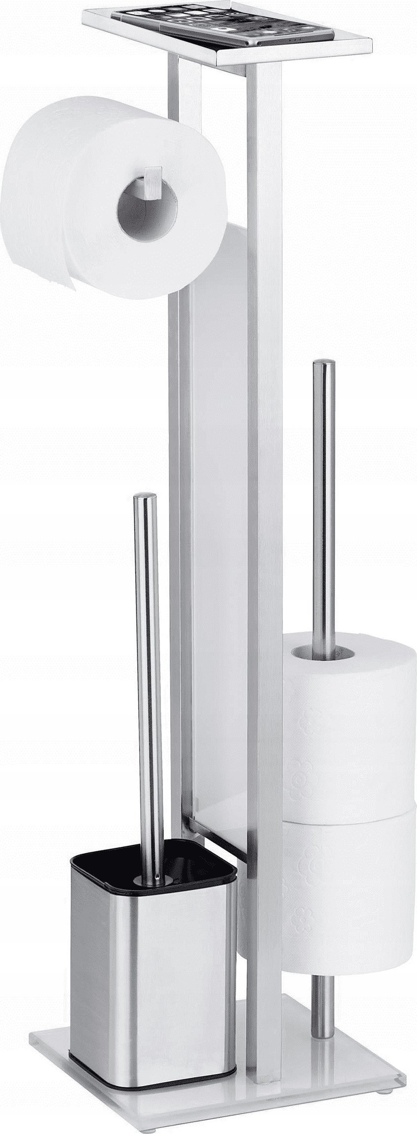 Wenko Stojak na papier toaletowy z pojemnikiem i szczotką do WC, półka, dodatkowe rolki, stal nierdzewna i szkło, wymienna główka