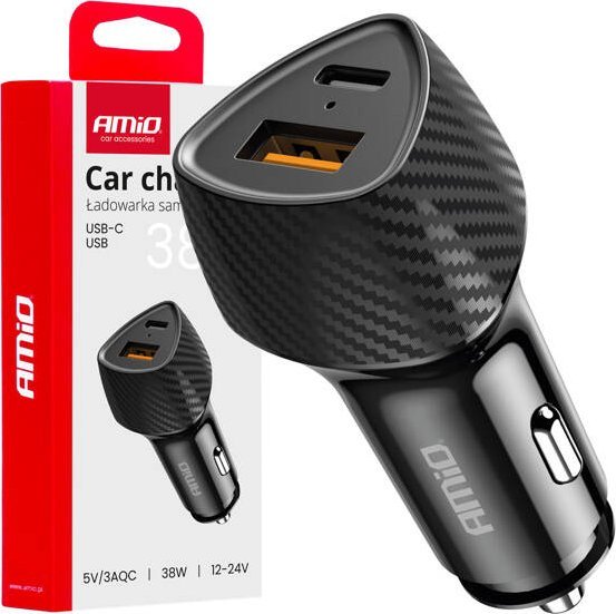Ładowarka samochodowa QC+PD 38W USB-A + USB-C AMIO-04283