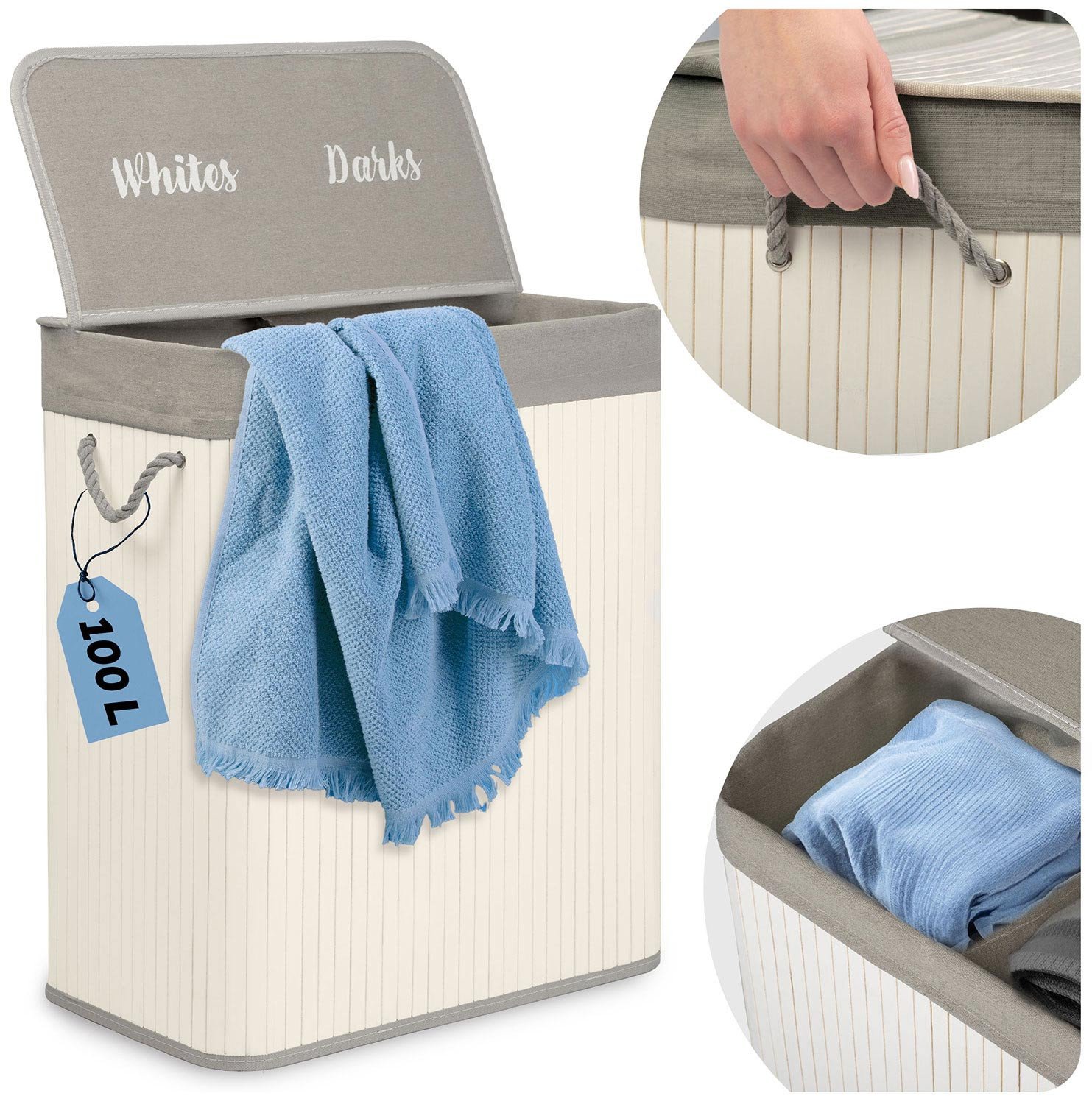 Bambusowy kosz na pranie bieliznę z pokrywą 100 l Massido