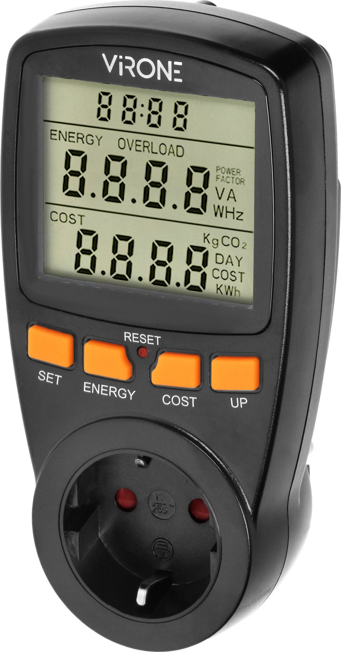 Orno Jednotaryfowy watomierz, kalkulator energii z wyświetlaczem LCD, jedna taryfa, wbudowany akumulator, wersja Schuko, czarny