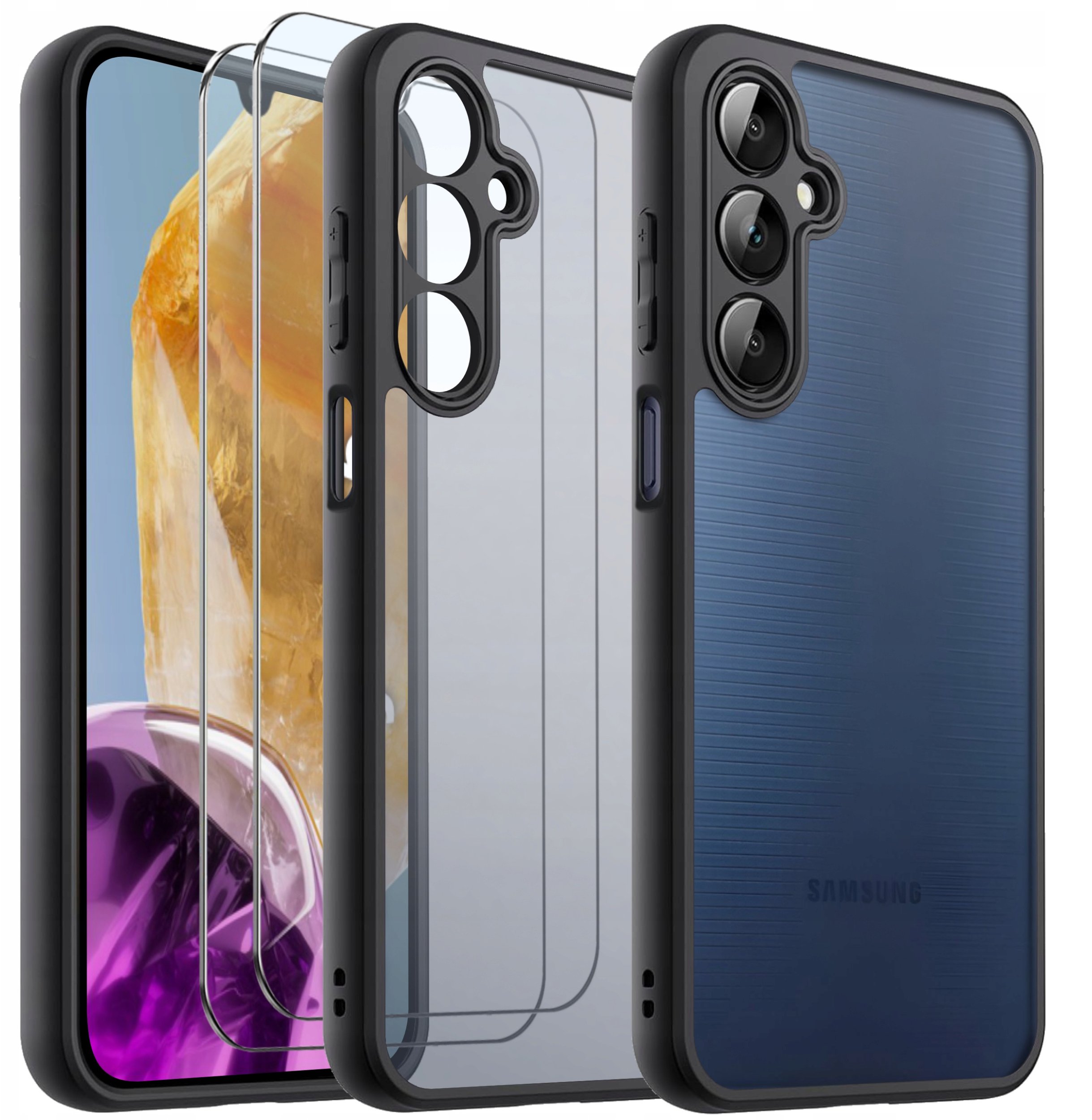 Etui do Samsung M15 5G MATOWE WZMACNIANE CZARNE ZESTAW 2x SZKŁO