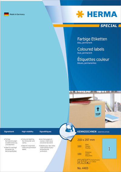 Herma Etykiety kolorowe 4403, A4, samoprzylepne, 210 x 297 mm, papier matowy niebieski, 100 szt (4403)