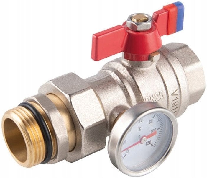 Zawór kulowy nakrętno-wkrętny z motylkiem, ze śrubunkiem, z termometrem, 1, F-Power