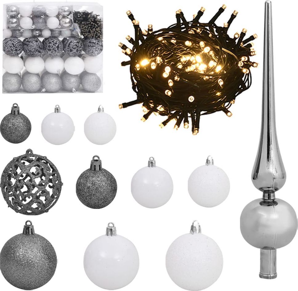 vidaXL 120-cz. zestaw bombek na choinkę ze szpicem 300 LED biało-szary