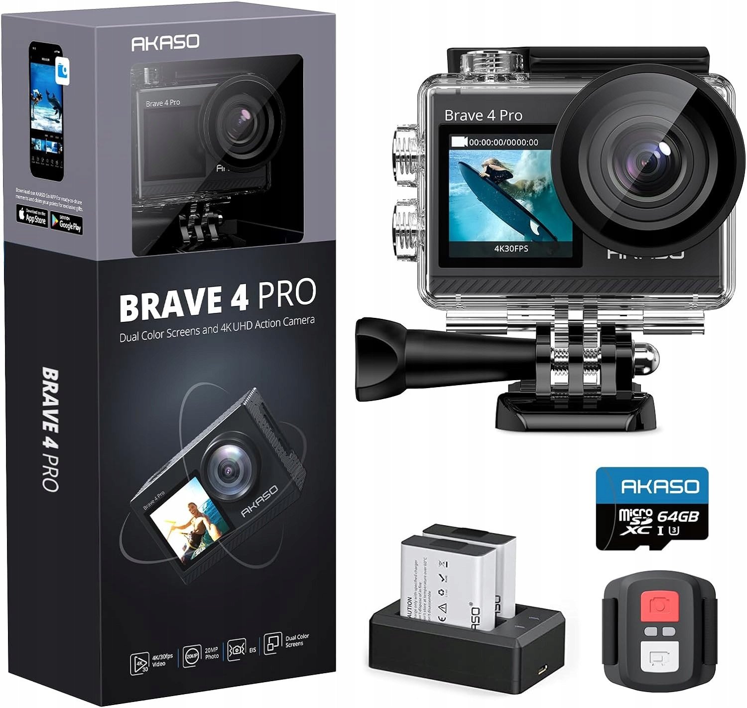Zestaw AKASO Brave 4 Pro Action Cam 4K30FPS 20MP 64GB kamera sportowa nowa