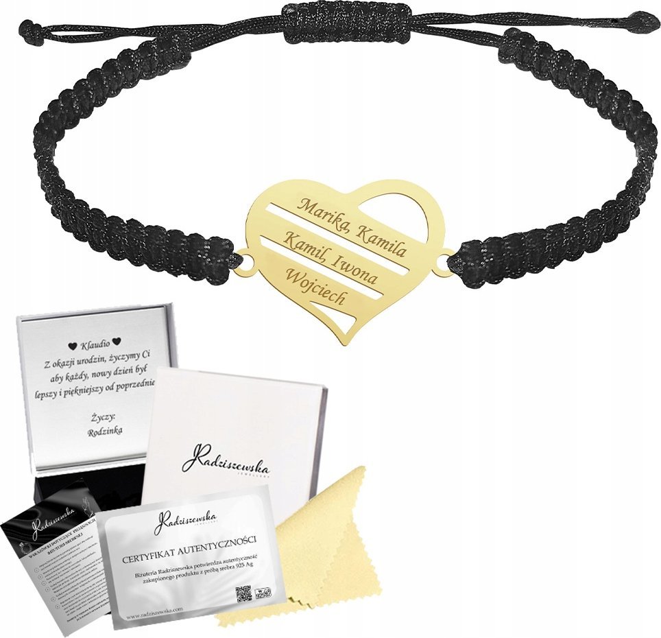 Radziszewska Jewellery Bransoletka Złota Serce z grawerem Dzień Matki Srebro 925 Makrama Prezent