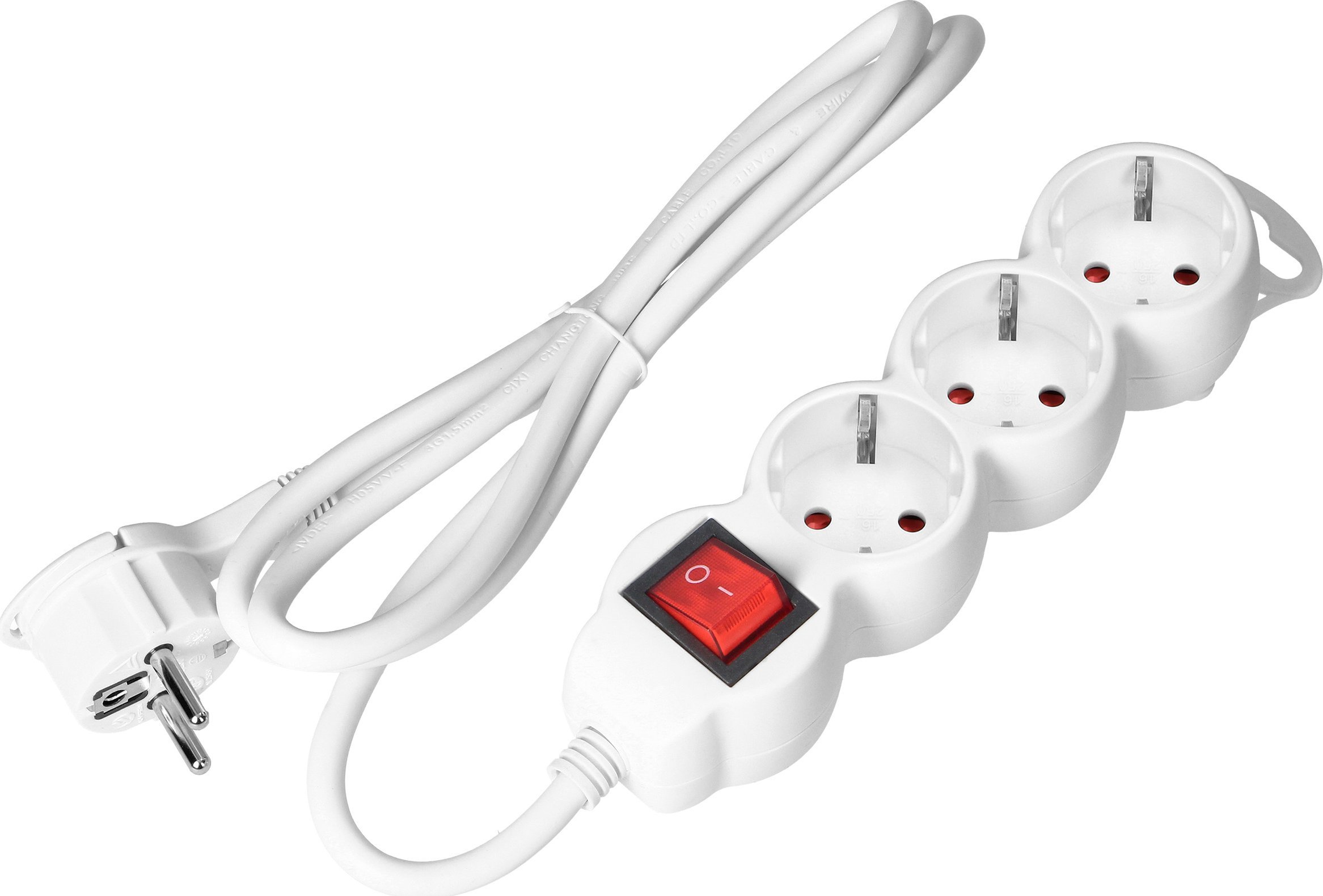 Orno Przedłużacz 3-krotny 2P+Z (Schuko) z wyłącznikiem, 1,5m H05VV-F 3x1,5mm2, Imax=16A, płaska wtyczka, biały