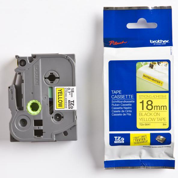 Brother Taśma do drukarek etykiet czarny druk / żółty podkład laminowane mocny klej 18mm x 8m (TZES641)