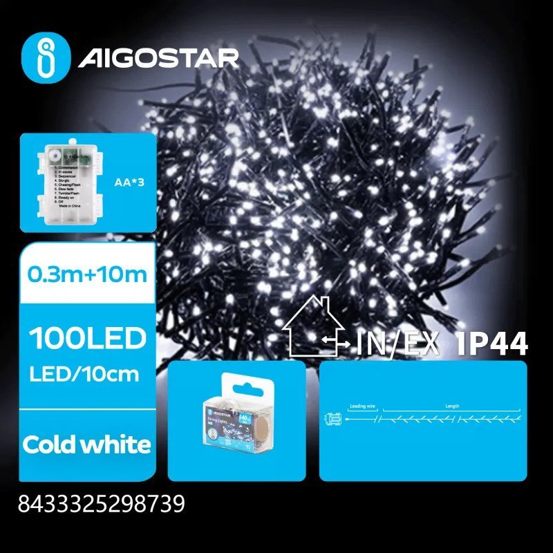 Lampki choinkowe Aigostar Lampki choinkowe fajerwerkowe na 3 baterie AA, Zimna biel, 10m Taśma świetlna fajerwerkowa na 3 baterie AA, Zimna biel, 10