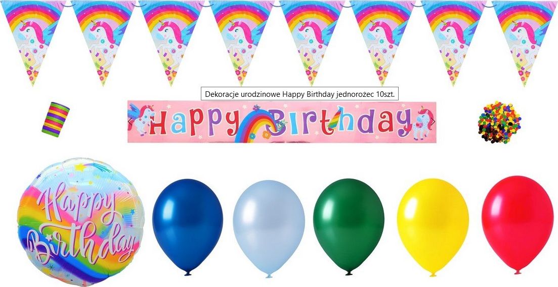 Dekoracje urodzinowe Happy Birthday jednorożec 10szt.
