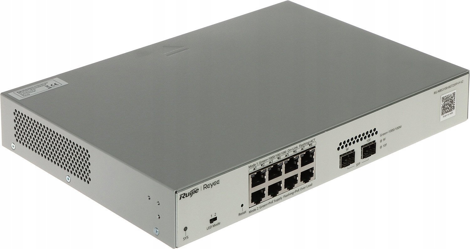 Ruijie Reyee RG-NBS3100-8GT2SFP-P-V2| Switch Zarządzalny, 10 portów, 8xGE, 8xPoE, 125W, 2xSFP, L2, Desktop, Cloud
