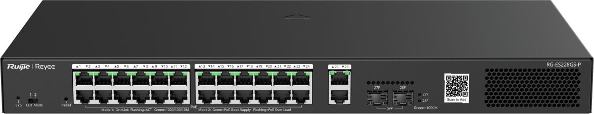 Ruijie Reyee RG-ES228GS-P| Switch Smart, 28 portów, 26xGE, 24xPoE+, 370W, 2xSFP, Cloud