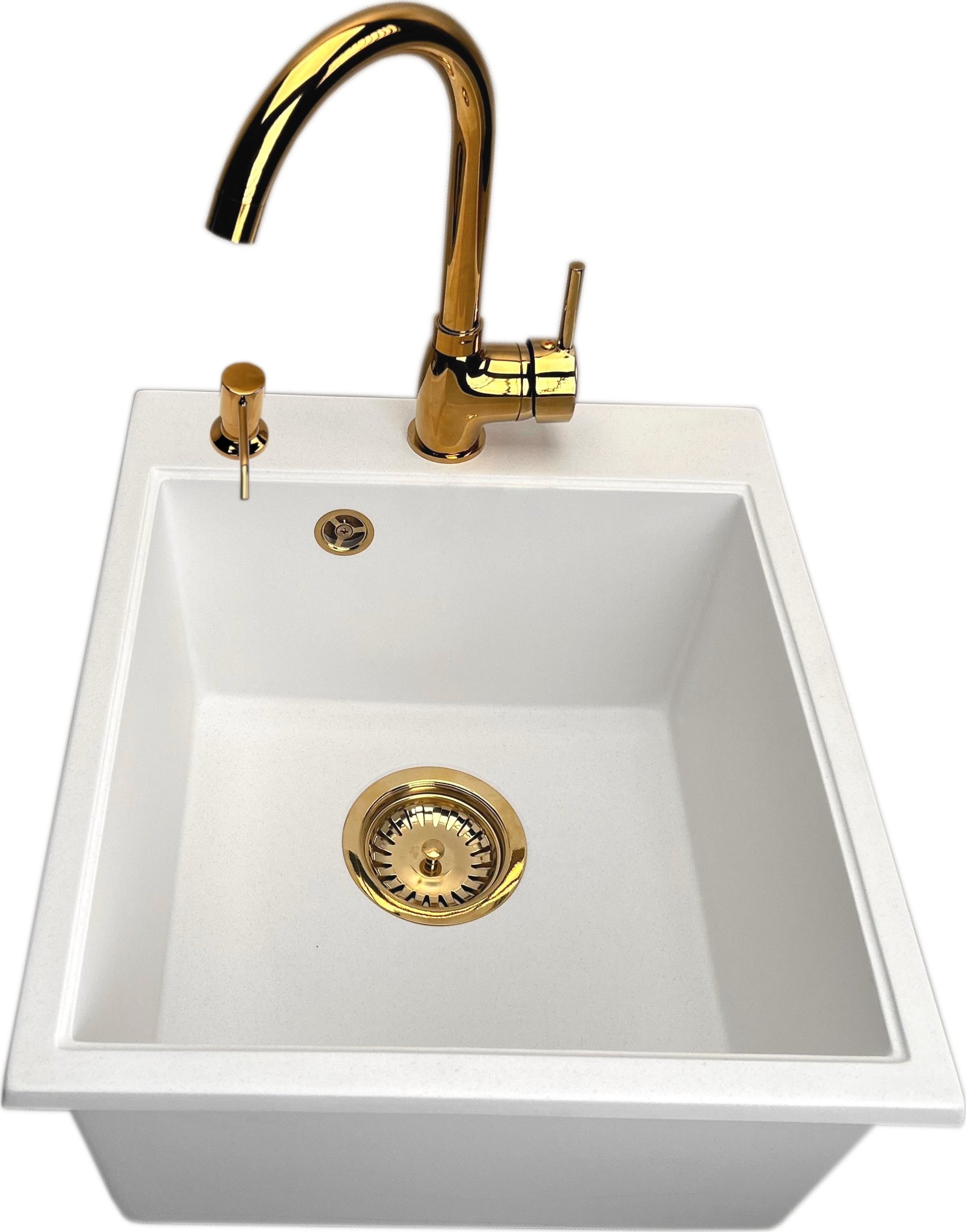 Zlewozmywak PREHNIT Zlewozmywak jednokomorowy COBALT biały + bateria BETA złota + syfon złoty + dozownik złoty