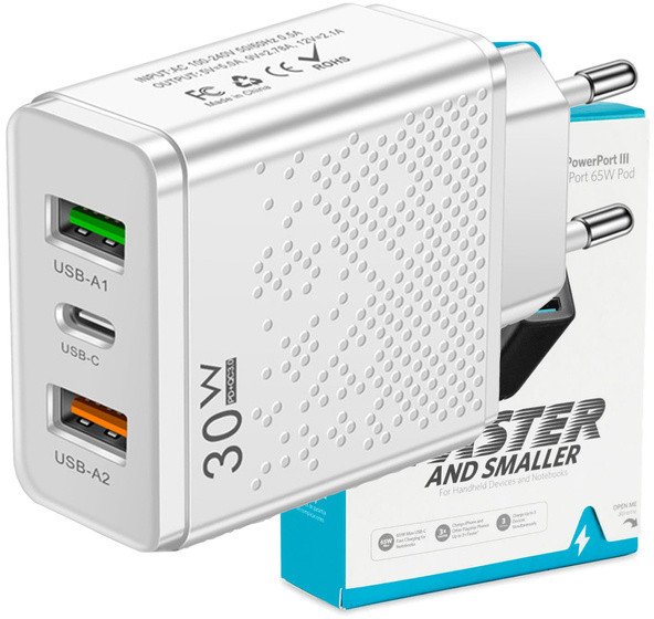 ŁADOWARKA SIECIOWA USB-C SZYBKA DO TELEFONU KOSTKA CHARGER UNIWERSALNA 30W