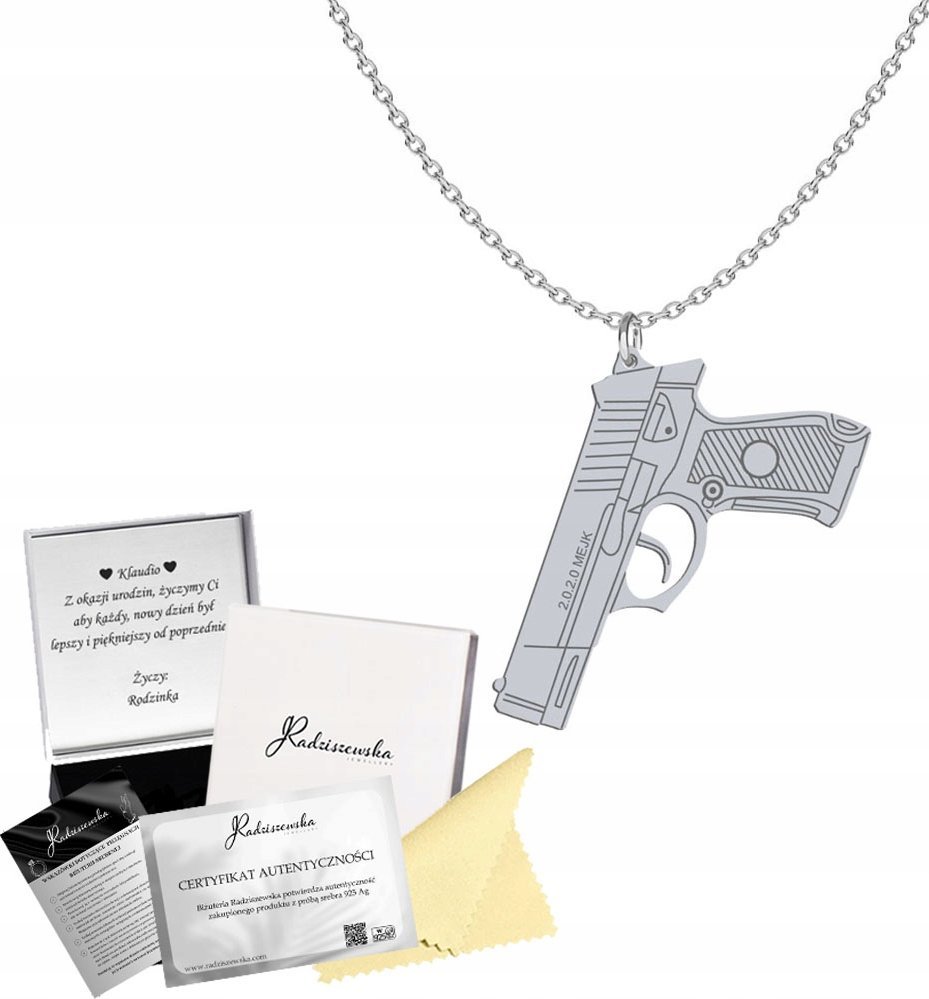 Radziszewska Jewellery Naszyjnik Srebrny Pistolet Łańcuszek 925 Prezent Biżuteria DEDYKACJA GRATIS