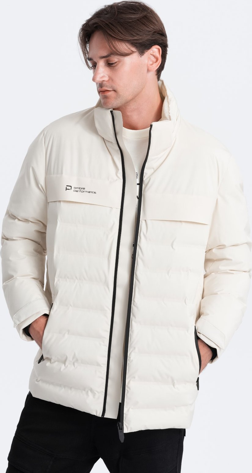 Kurtka męska Ombre Zimowa kurtka męska z odpinanym kapturem - kremowa V2 OM-JAHP-0150 S